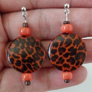 Leopard Print Orange Earrings Handamde Dangle Drop Stud Animal Cheetah Print